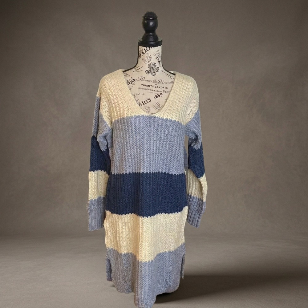 Stitchdrop Iceland Sweater Dress L  Cream Blue Striped Colorblock Chunky Knit